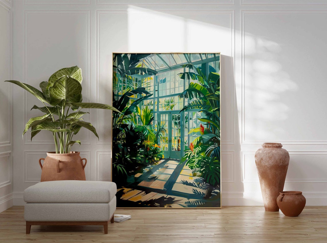 Sunlit Conservatory Glass Doors Monstera Leaf Painting Poster - Image 2