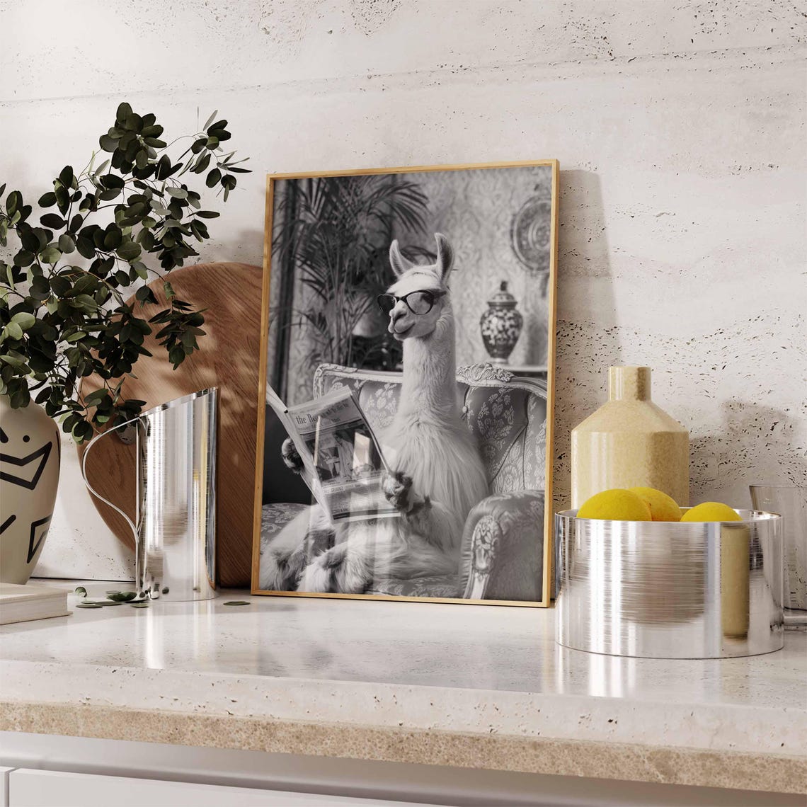 Funny Alpaca Sunglasses Reading Newspaper Black White Wall Art - Image 2