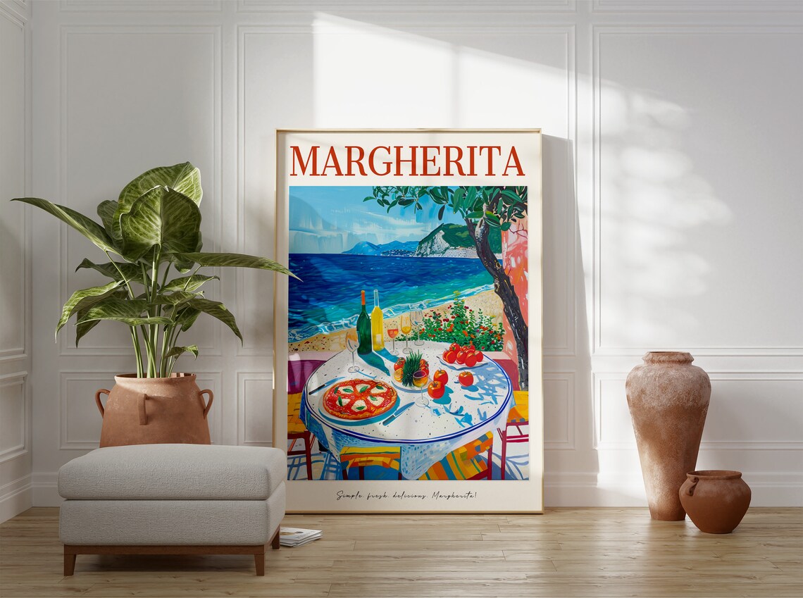 Margherita Pizza Seaside Italian Coast Vintage Food Art Poster - Image 3