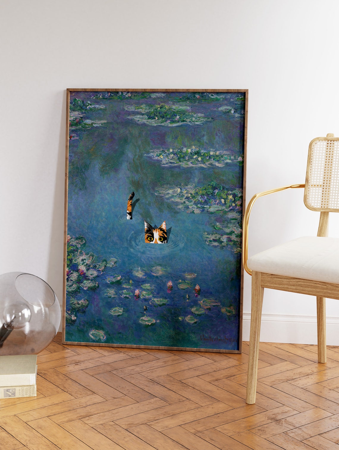 Impressionist Water Lily Pond Swimming Calico Cat Funny Gift Wall Art - Image 3