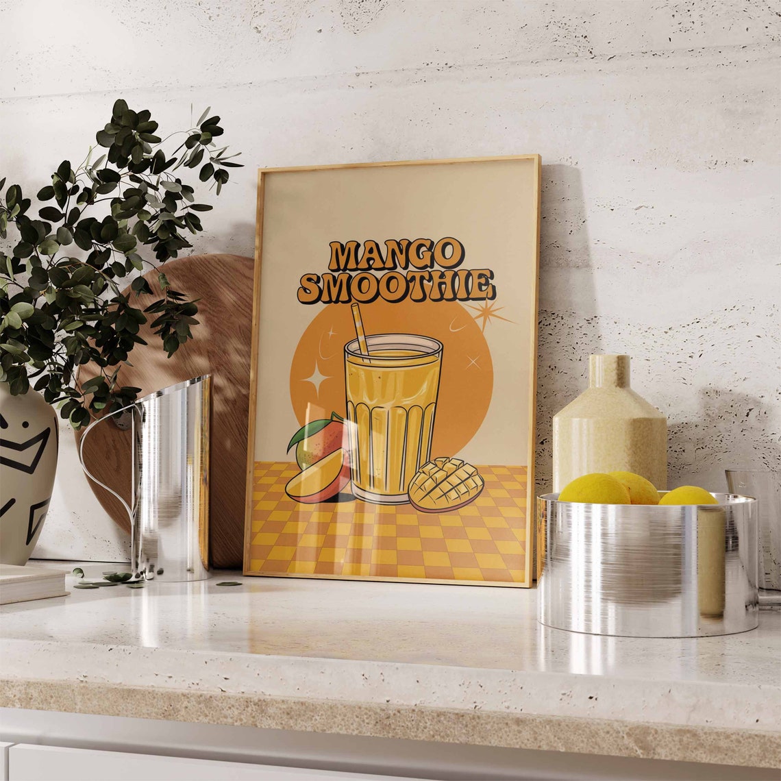 Mango Smoothie Sunny Retro Orange Checkered Diner Kitchen Poster - Image 3