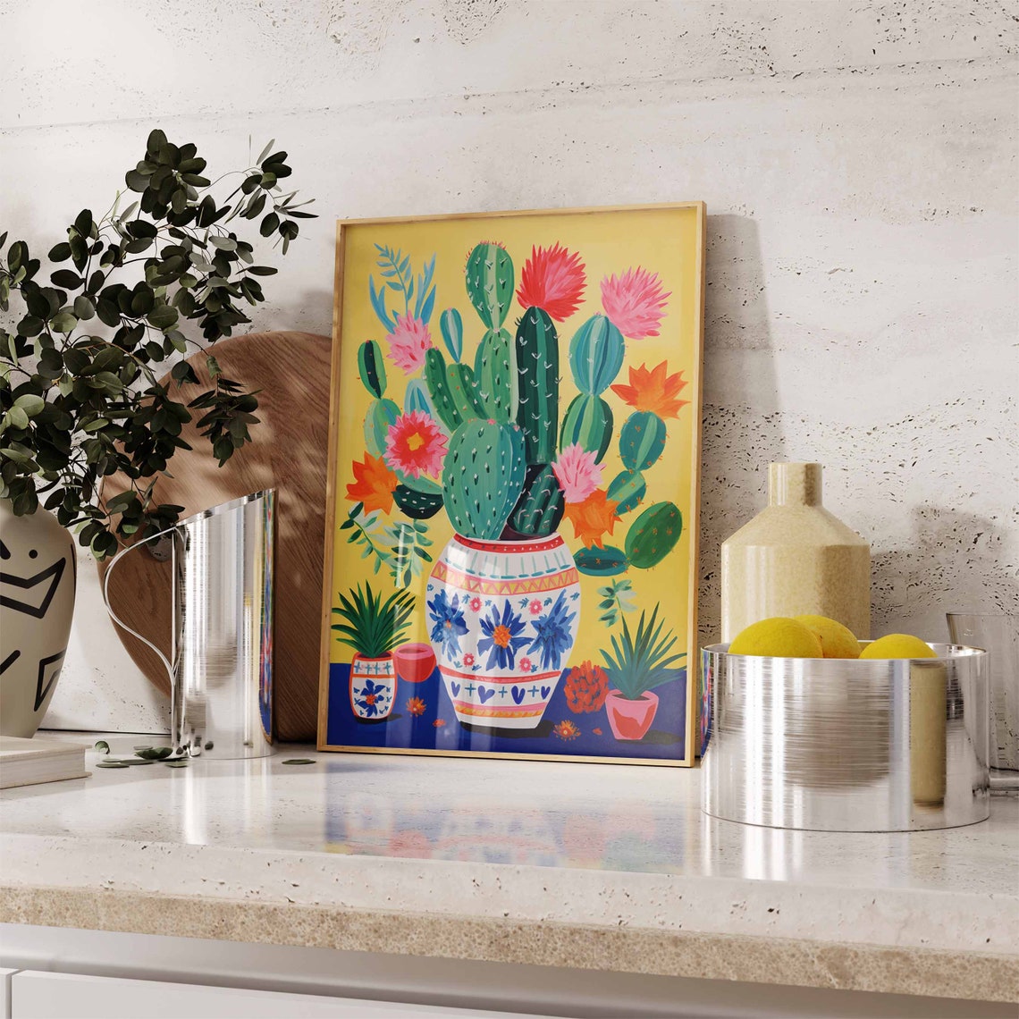 Mexican Cactus Bloom Folk Art Botanical Wall Decor Art Poster - Image 3