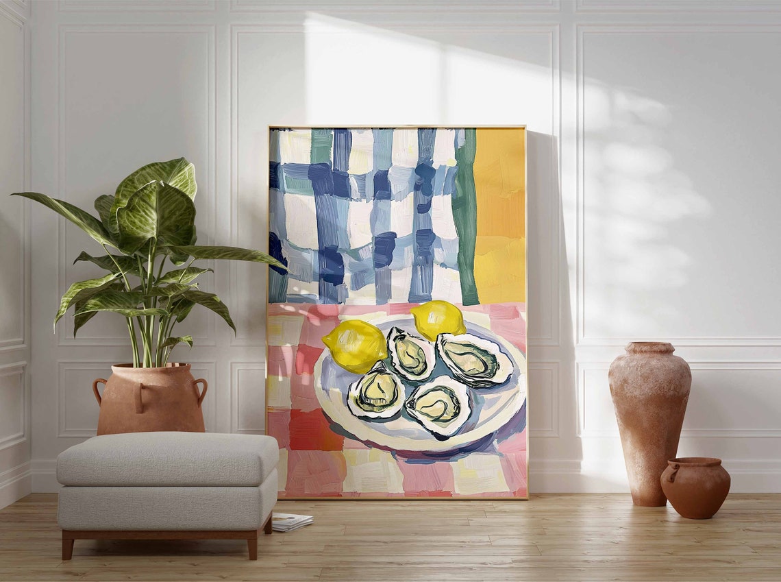Watercolor Oysters and Lemons Pink Check Coastal Kitchen Wall Art - Image 3