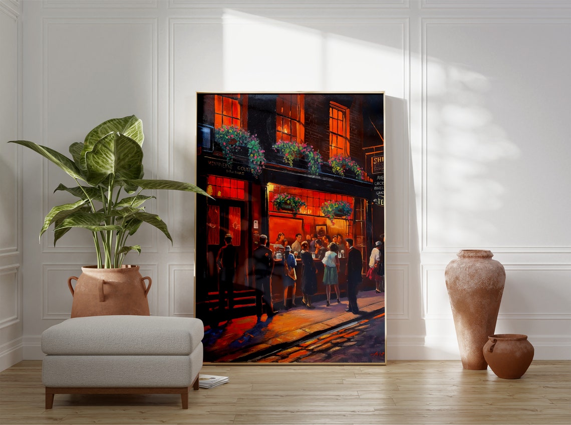 Vintage London Pub Night Glowing Amber City Oil Painting Poster - Image 3