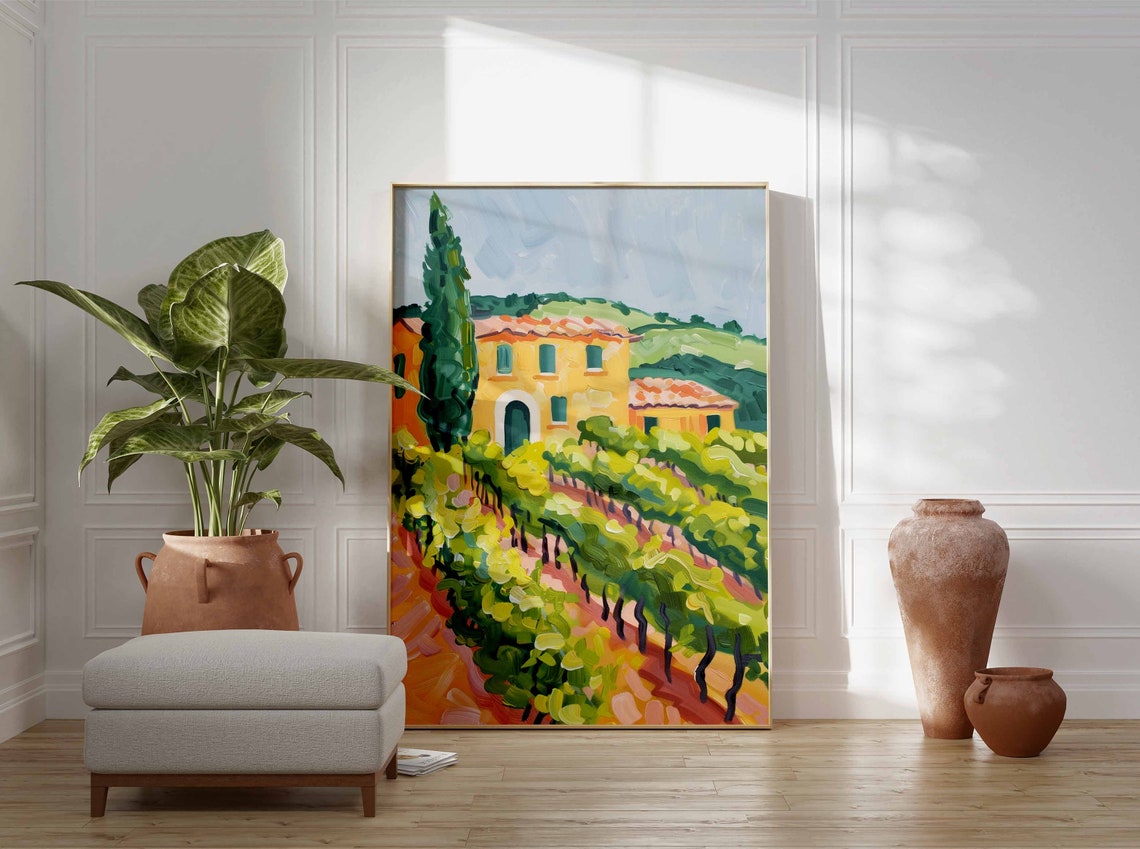 Cheerful Vineyard Villa Art Poster Gouache Summer Country Scene - Image 3