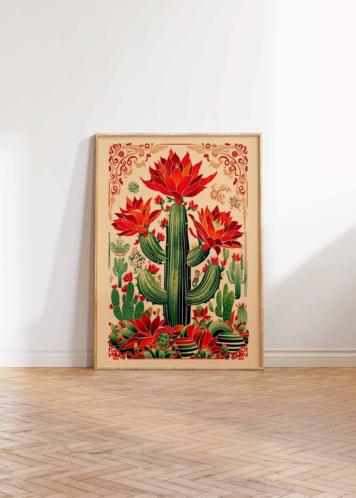 Flowering Saguaro Cactus Ornate Corners Vintage Mexican Art Poster - Image 3