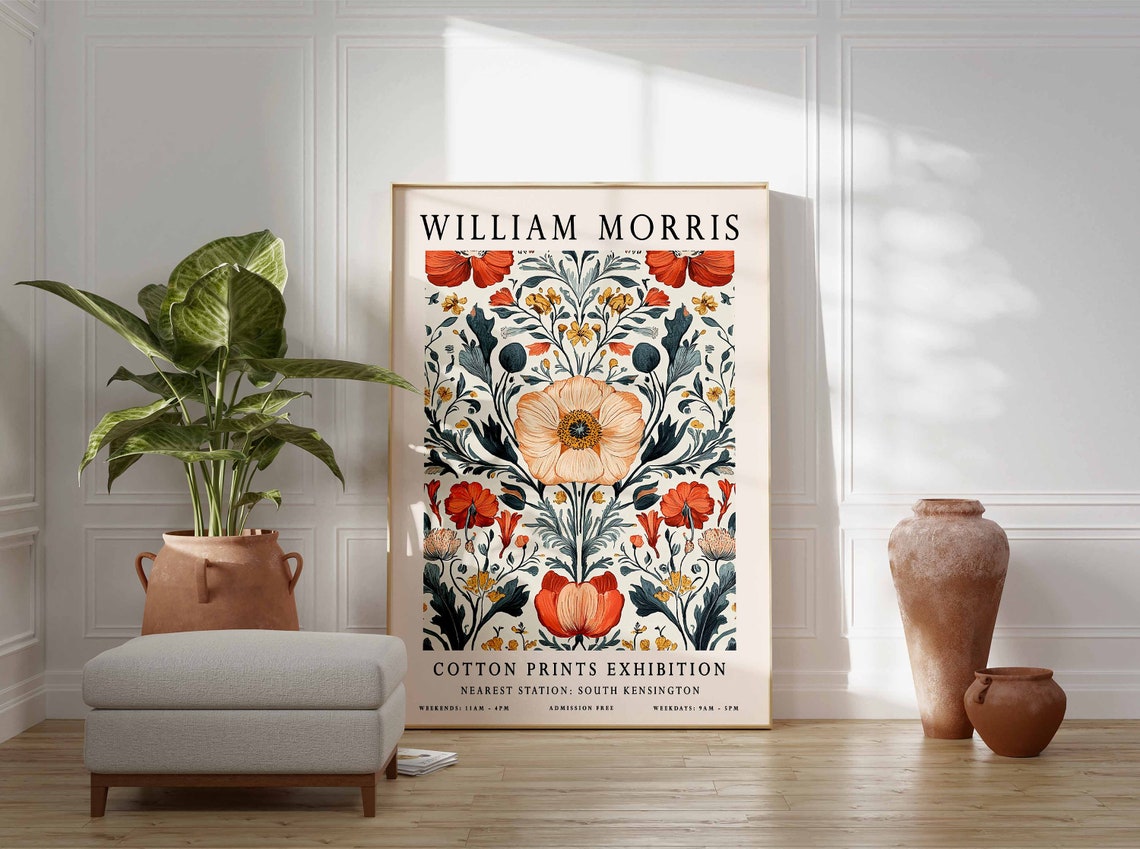 William Morris Orange Poppy Symmetrical Floral Pattern Poster - Image 3