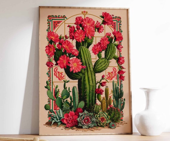 Tall Ribbed Cactus Red Pink Blooms Gold Arch Botanical Poster