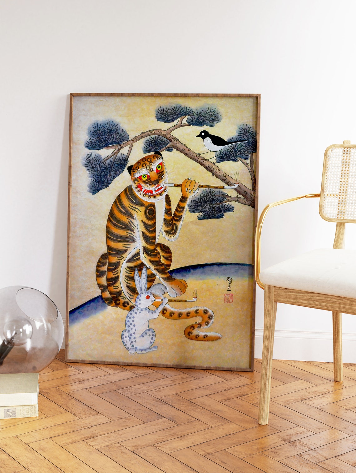 Korean Folk Tiger Print Minhwa Smoking Pipe Rabbit Magpie Art - Image 3