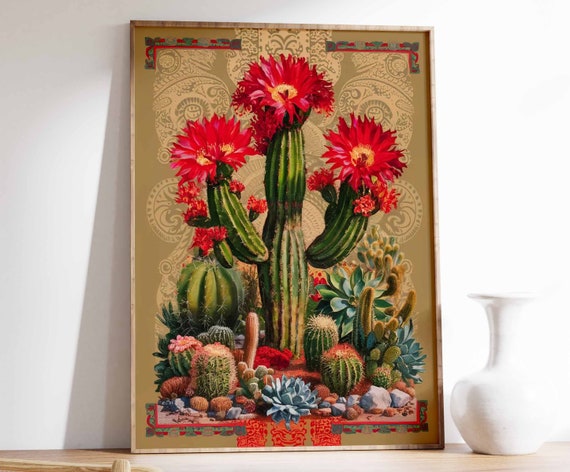 Red Flowering Cactus Over Gold Pattern Botanical Art Poster Gift