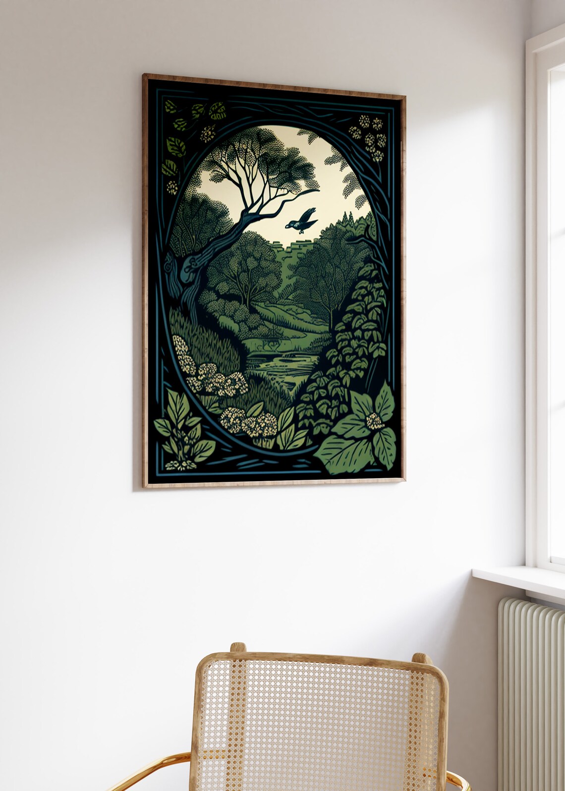 Vintage Woodcut Woodland Forest Stream With Birds Art Poster - Image 3