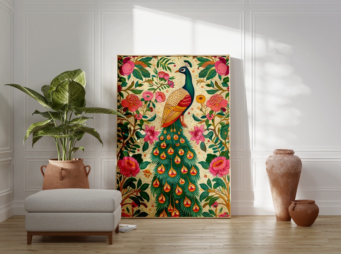 Indian Peacock Pichwai Art, Traditional Decor Print - Image 3