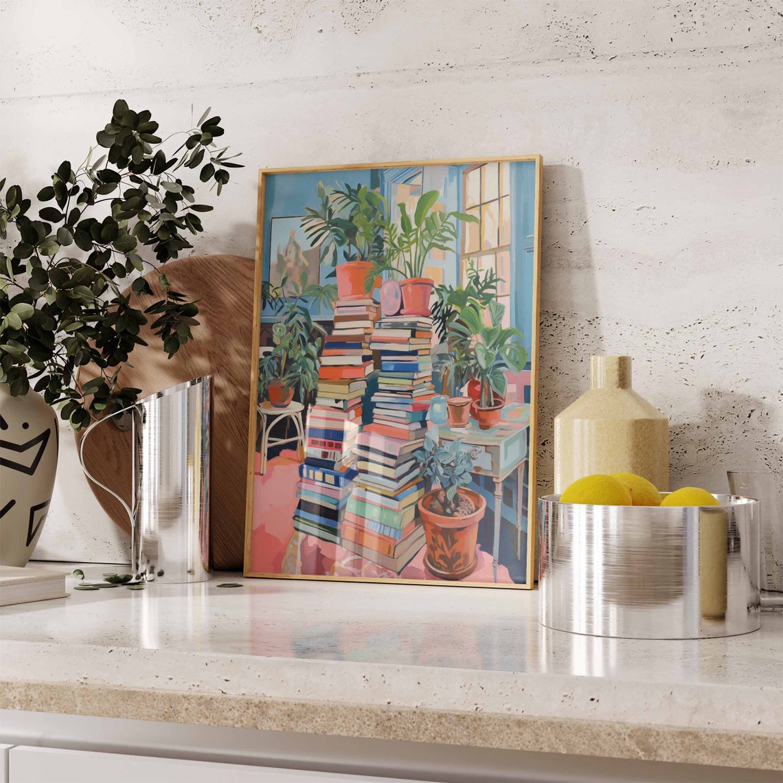 Towering Book Stacks Lush Houseplants Colorful Maximalist Poster - Image 2