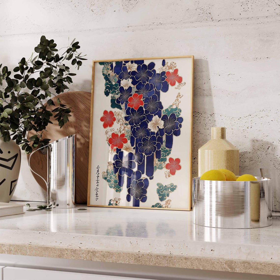 Japanese Navy Red Blossom Vine Bold Traditional Style Art Poster - Image 3