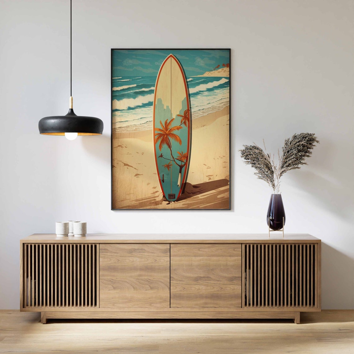 Retro Surfboard Palm Trees Sandy Beach Ocean Waves Art Poster - Image 2