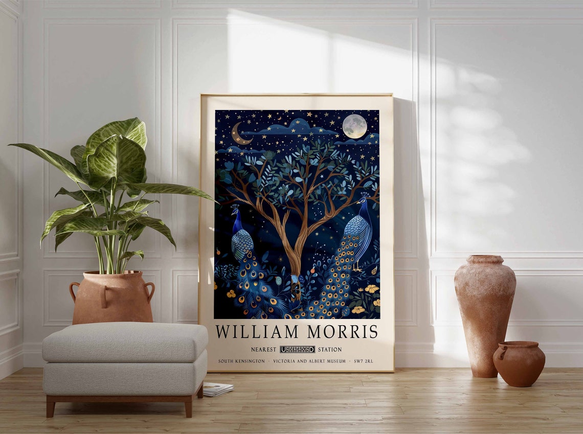 William Morris Two Peacocks Under Moonlit Tree Night Art Poster - Image 3