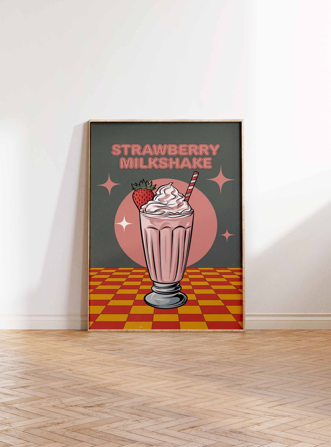 Strawberry Milkshake Retro Teal Starburst Diner Kitchen Poster - Image 2