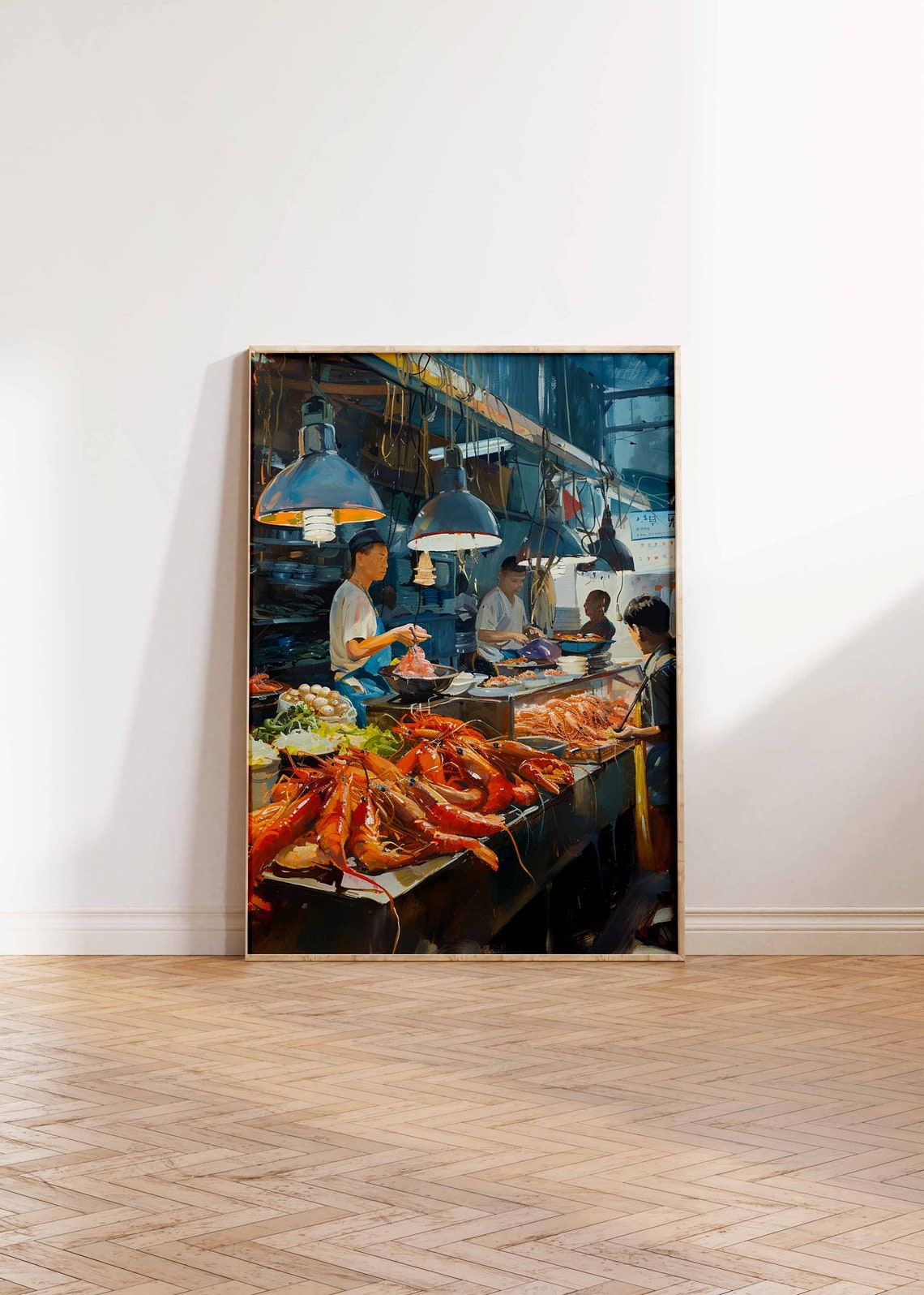 Night Seafood Market Prawn Stalls Blue Lamps Painting Poster - Image 2