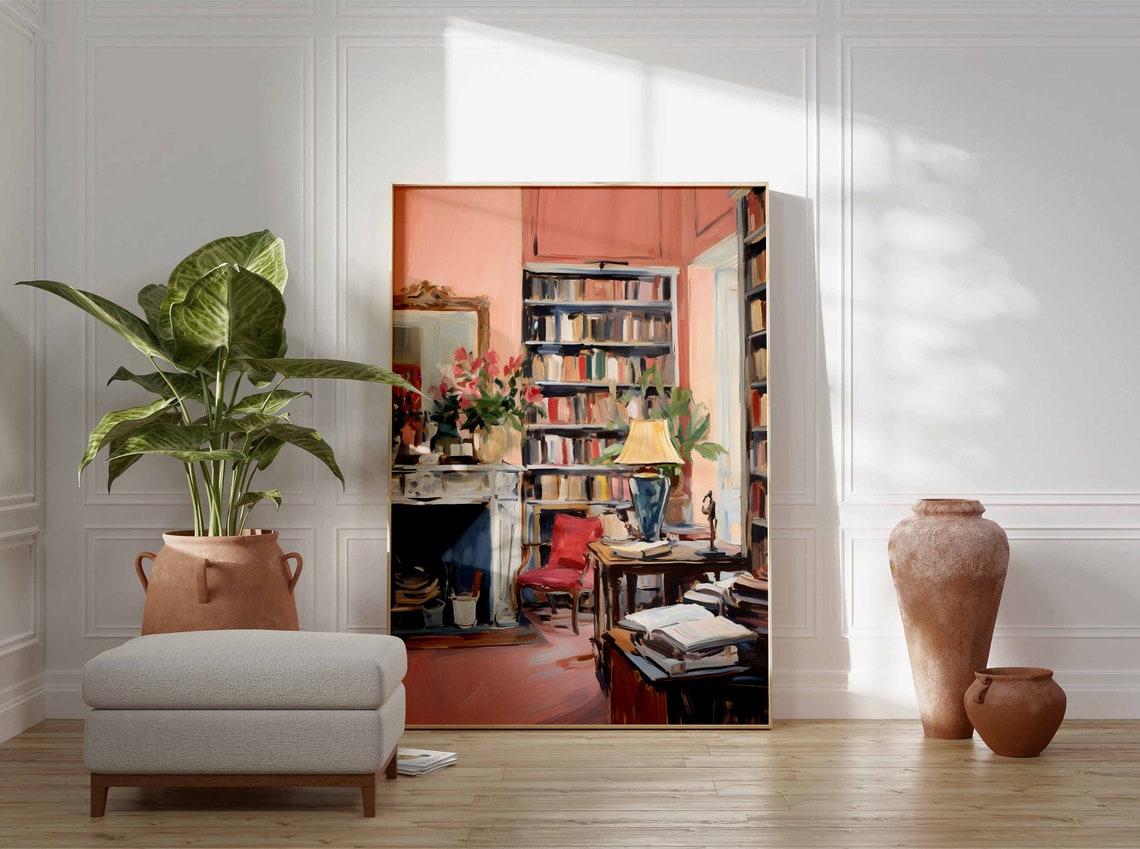 Cozy Library Interior Pink Reading Room Vintage Style Art Print - Image 2