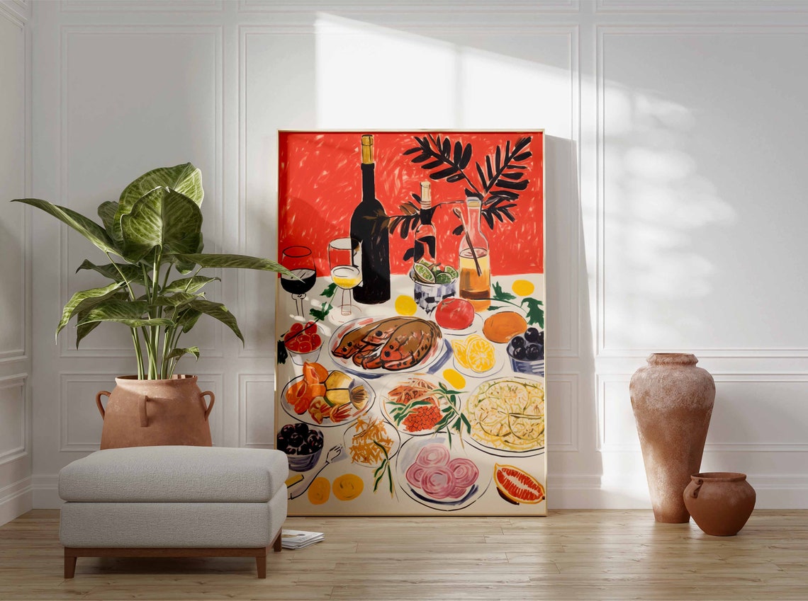 Mediterranean Feast Table Wine and Seafood Painting Kitchen Poster - Image 3