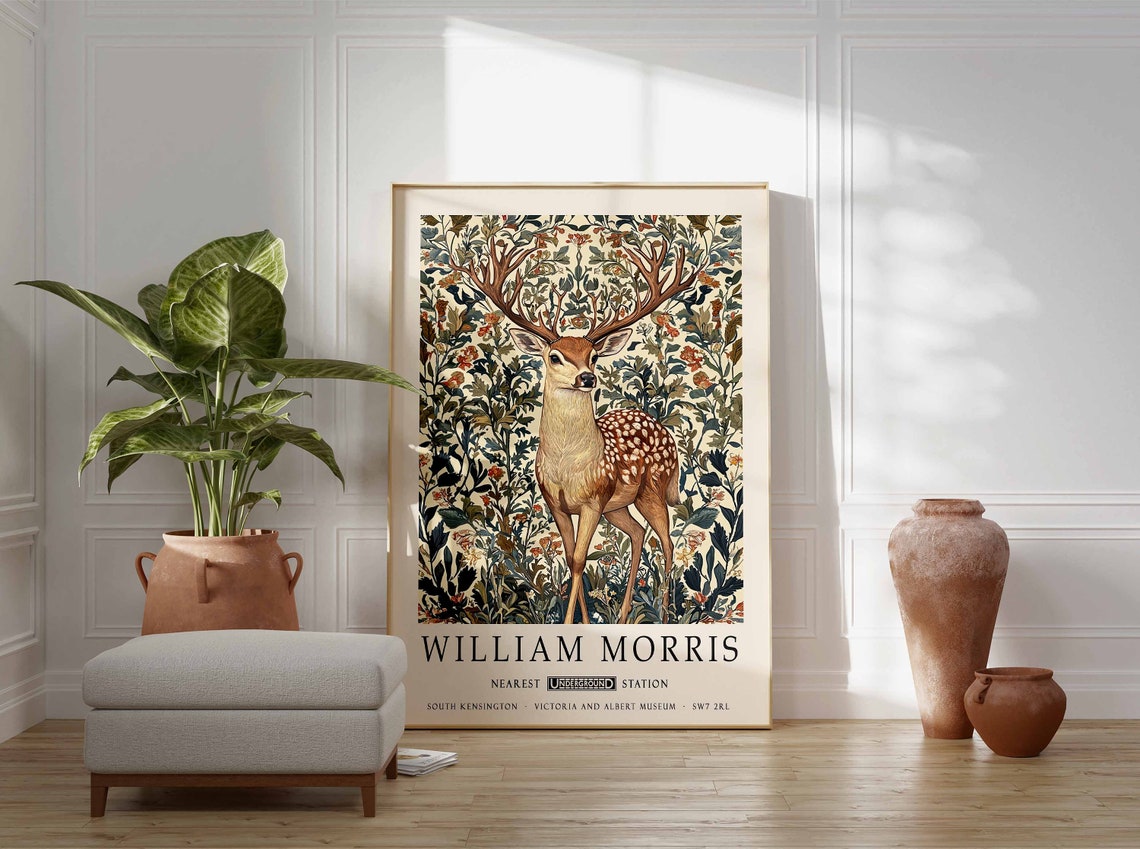 William Morris Spotted Deer With Antlers Floral Meadow Art Poster - Image 3