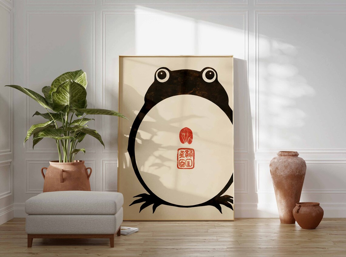 Japanese Round Frog Minimalist Woodblock Animal Illustration Poster - Image 2