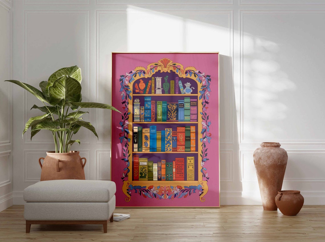 Magenta Ornate Bookshelf Fantasy Book Library Decor Wall Poster - Image 3