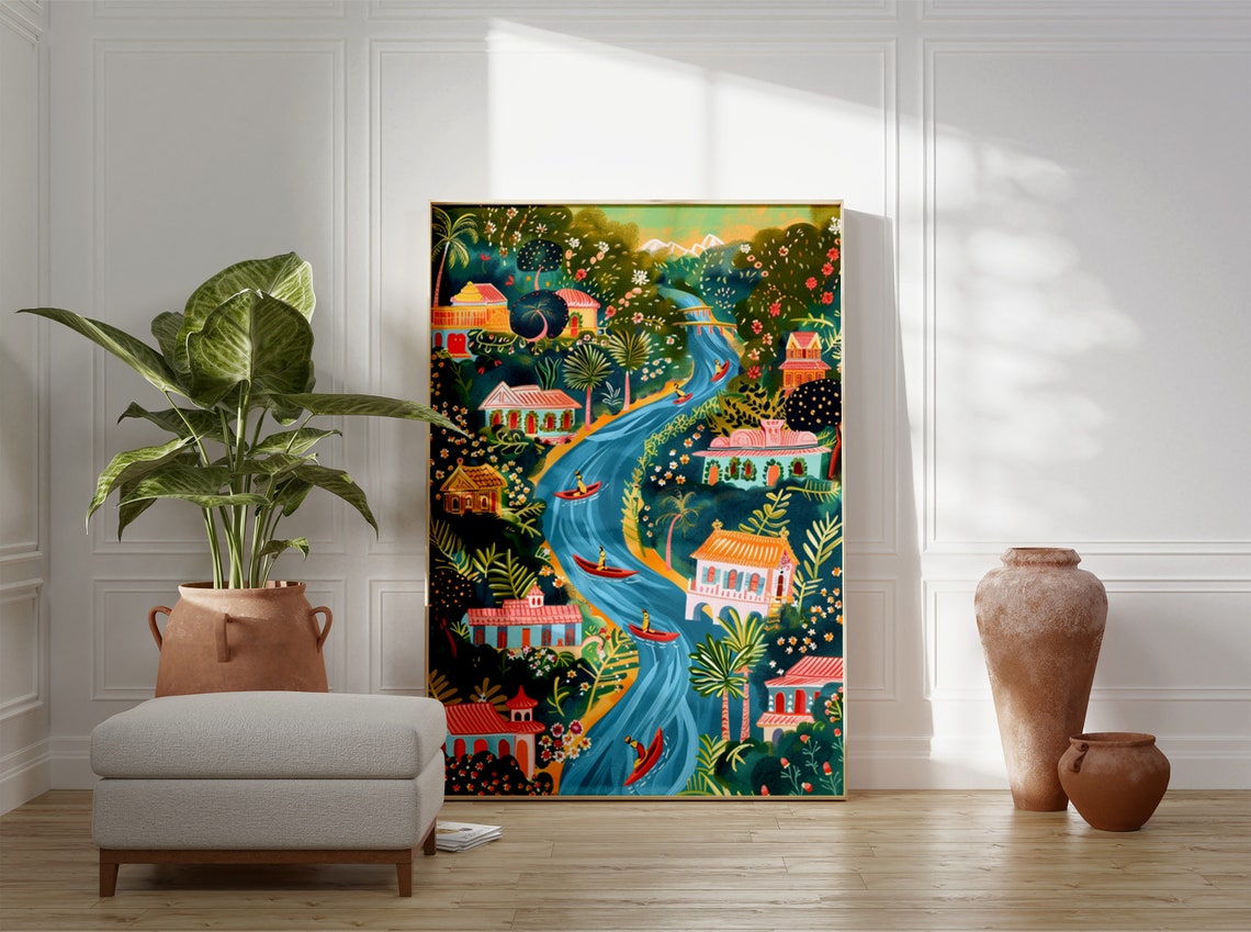 Colorful Tropical River Village Folk Art Illustration Poster - Image 3