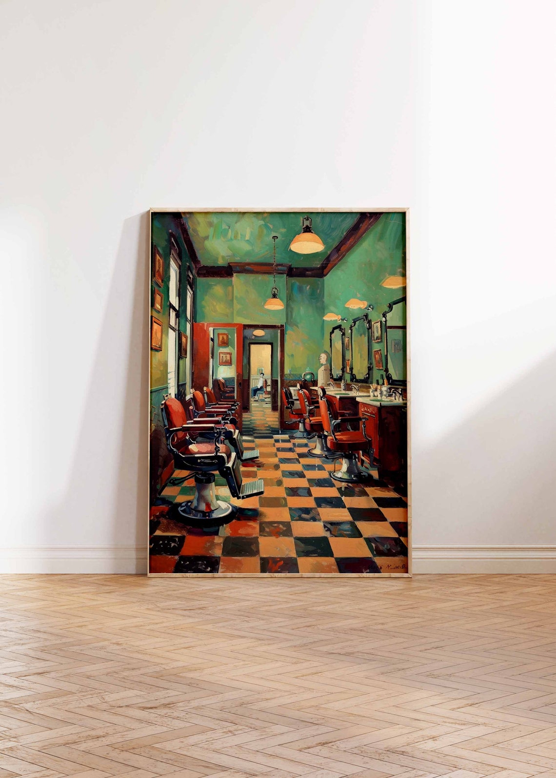 Emerald Green Barbershop Red Chairs Checkerboard Retro Salon Poster - Image 2