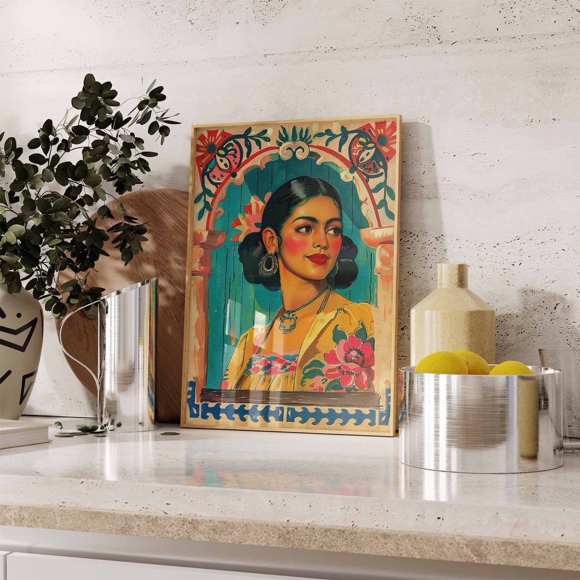 Latina Woman Portrait Under Teal Arch Vintage Folk Style Poster - Image 2