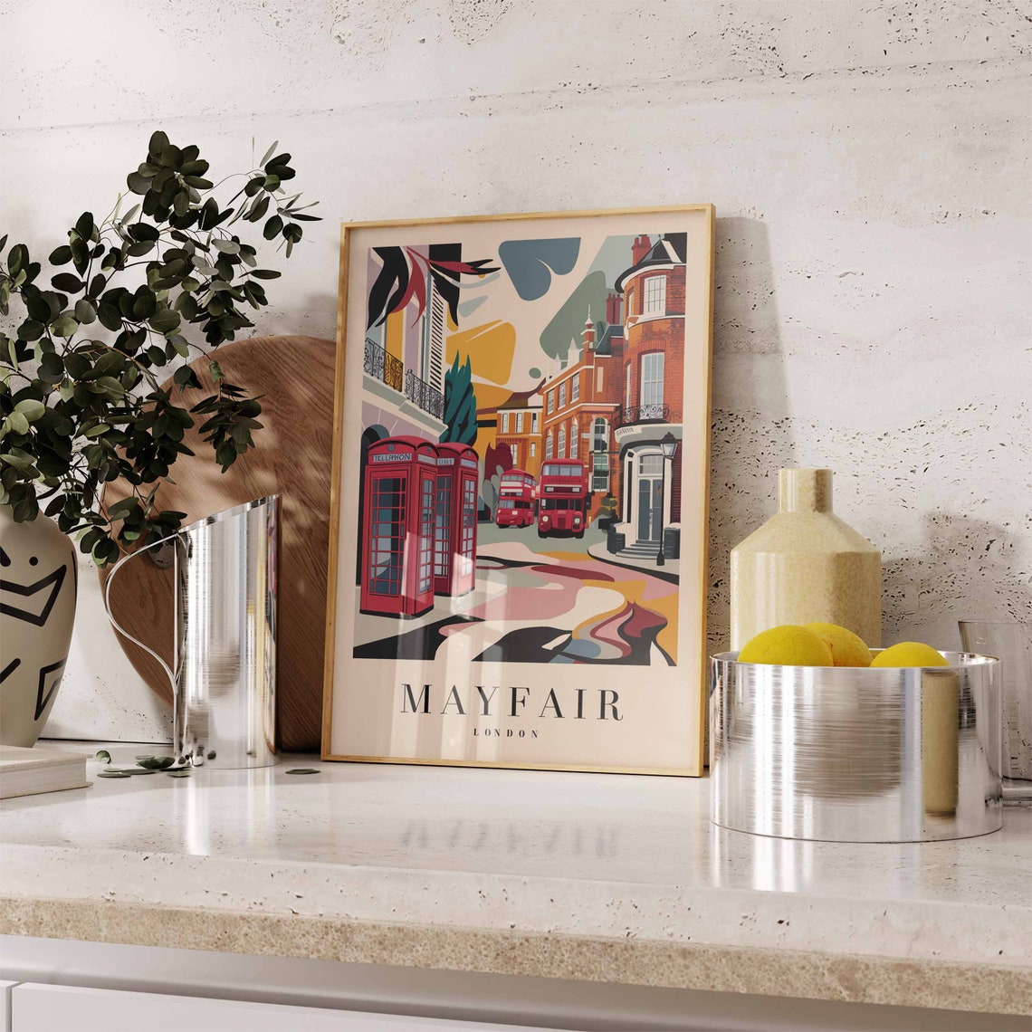 Mayfair London Red Phone Box Double Decker Bus Travel Poster - Image 2