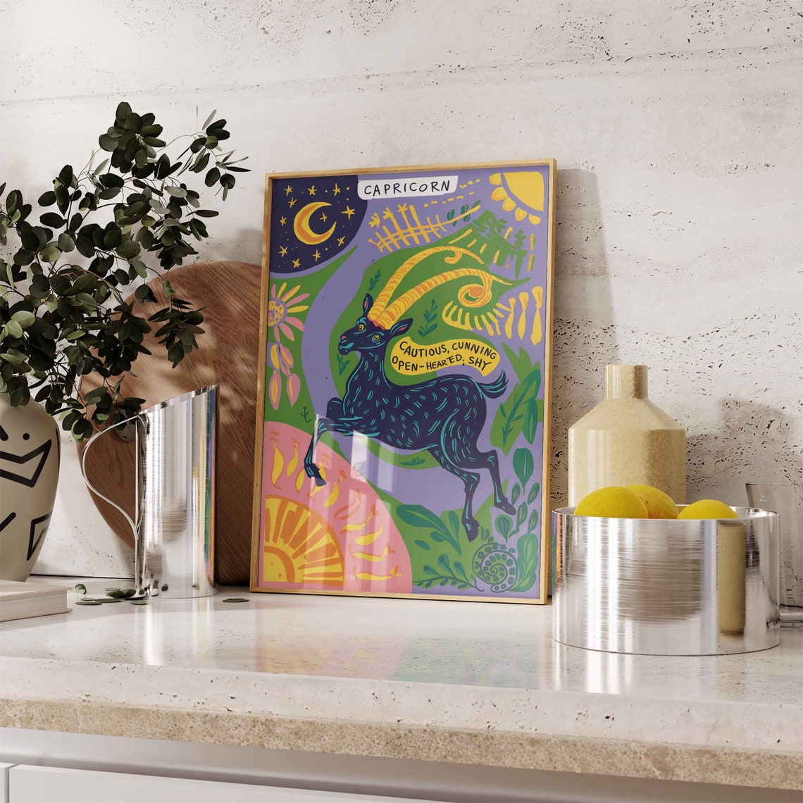 Capricorn Zodiac Goat Leaping Green Purple Celestial Star Sign Poster - Image 3