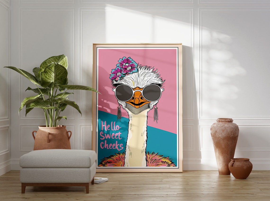 Hello Sweet Cheeks Funny Ostrich In Sunglasses Floral Poster - Image 3