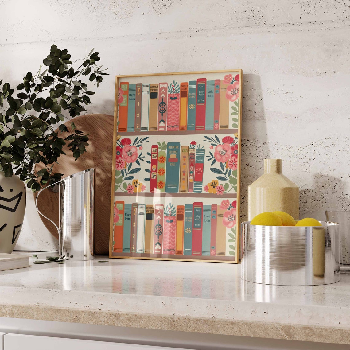 Colorful Bookshelf Rows with Pink Flowers Library Art Poster - Image 2
