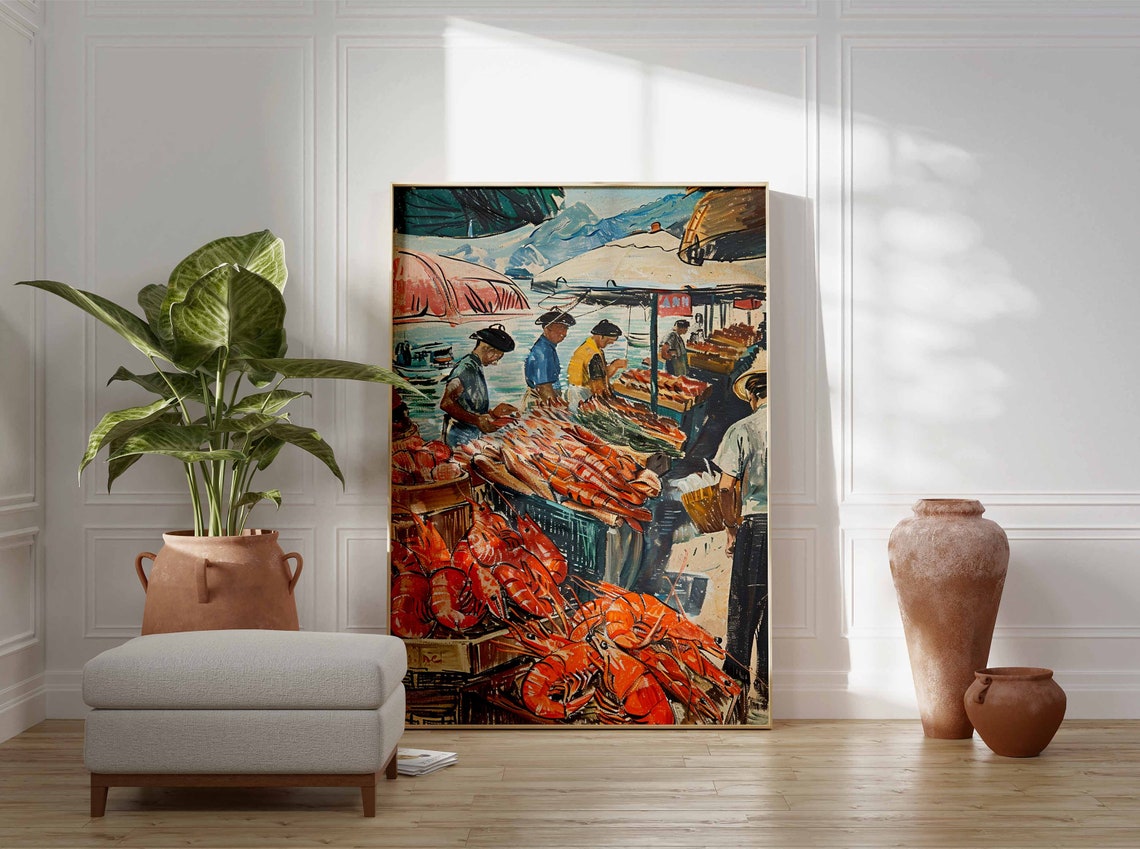 Waterfront Prawn Market Vendors Boats Harbor Painting Poster - Image 3