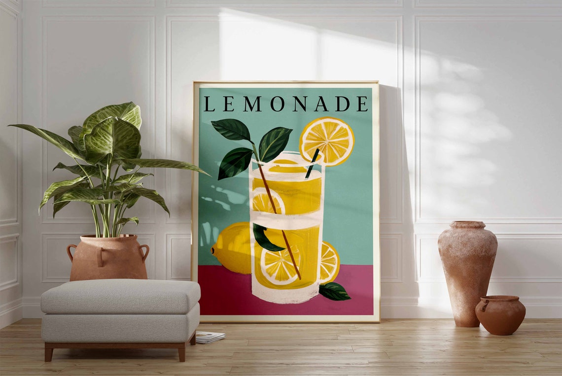 Lemonade Tall Citrus Glass Mint Pink Retro Kitchen Summer Poster - Image 3