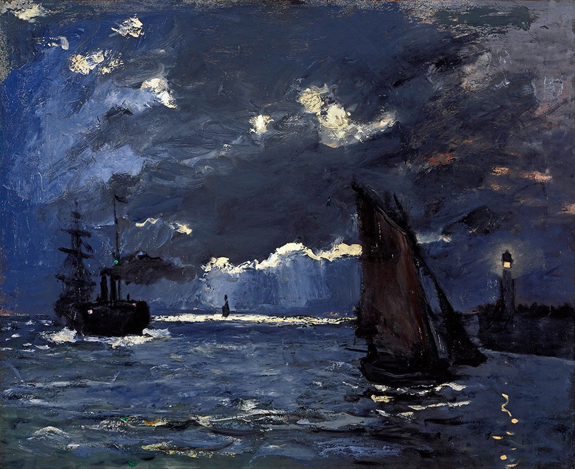Claude Monet Moonlit Seascape Sailing Ships Lighthouse Night Poster - Image 2