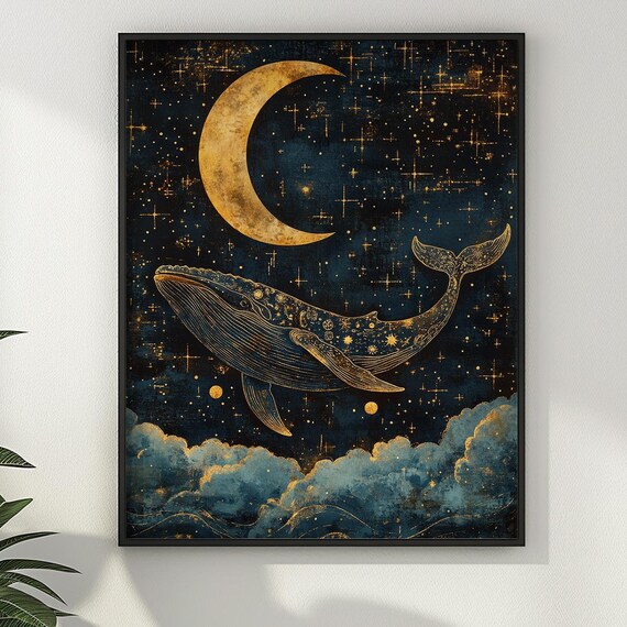 Celestial Whale Swimming in Night Sky Gold Crescent Moon Wall Art
