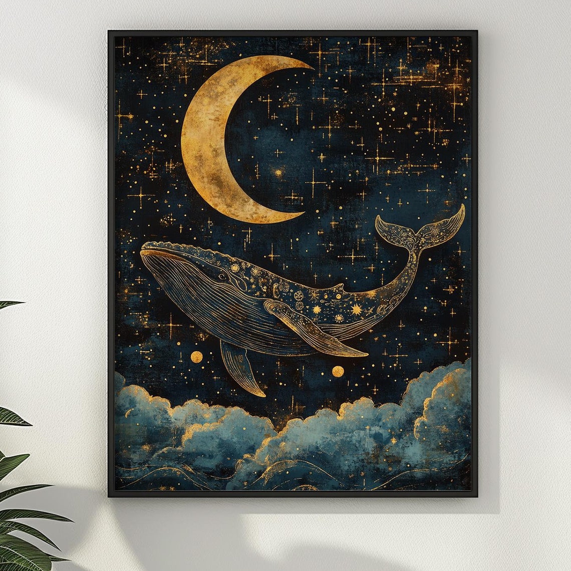 Celestial Whale Swimming in Night Sky Gold Crescent Moon Wall Art