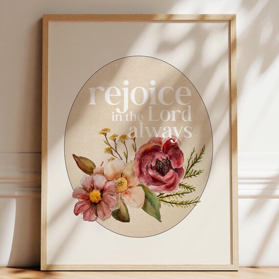 Rejoice in the Lord Always Floral Oval Christian Scripture Art Poster