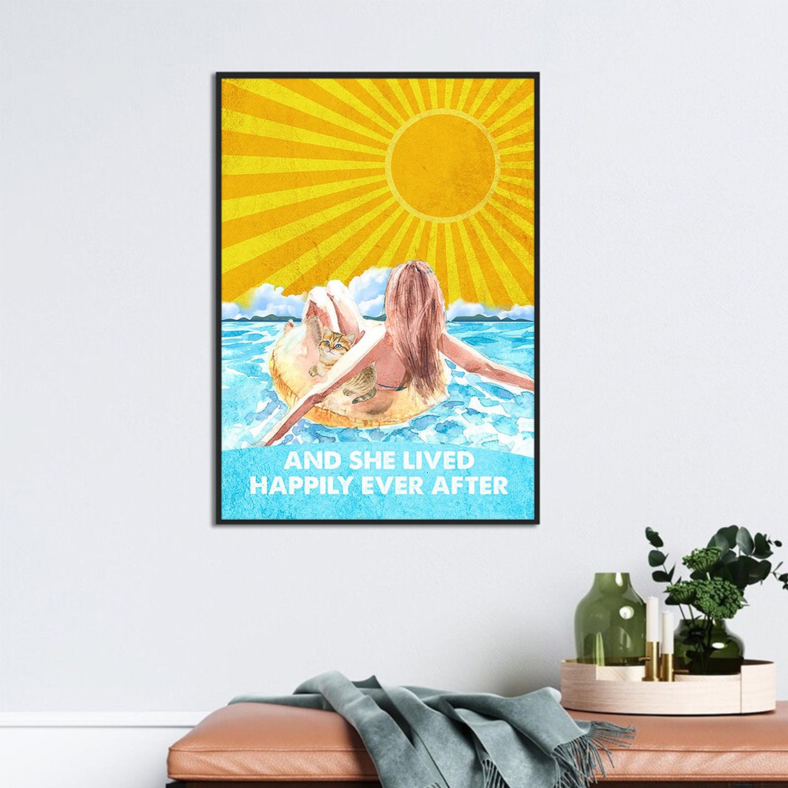 And She Lived Happily Ever After Girl Cat Beach Watercolor Poster - Image 3