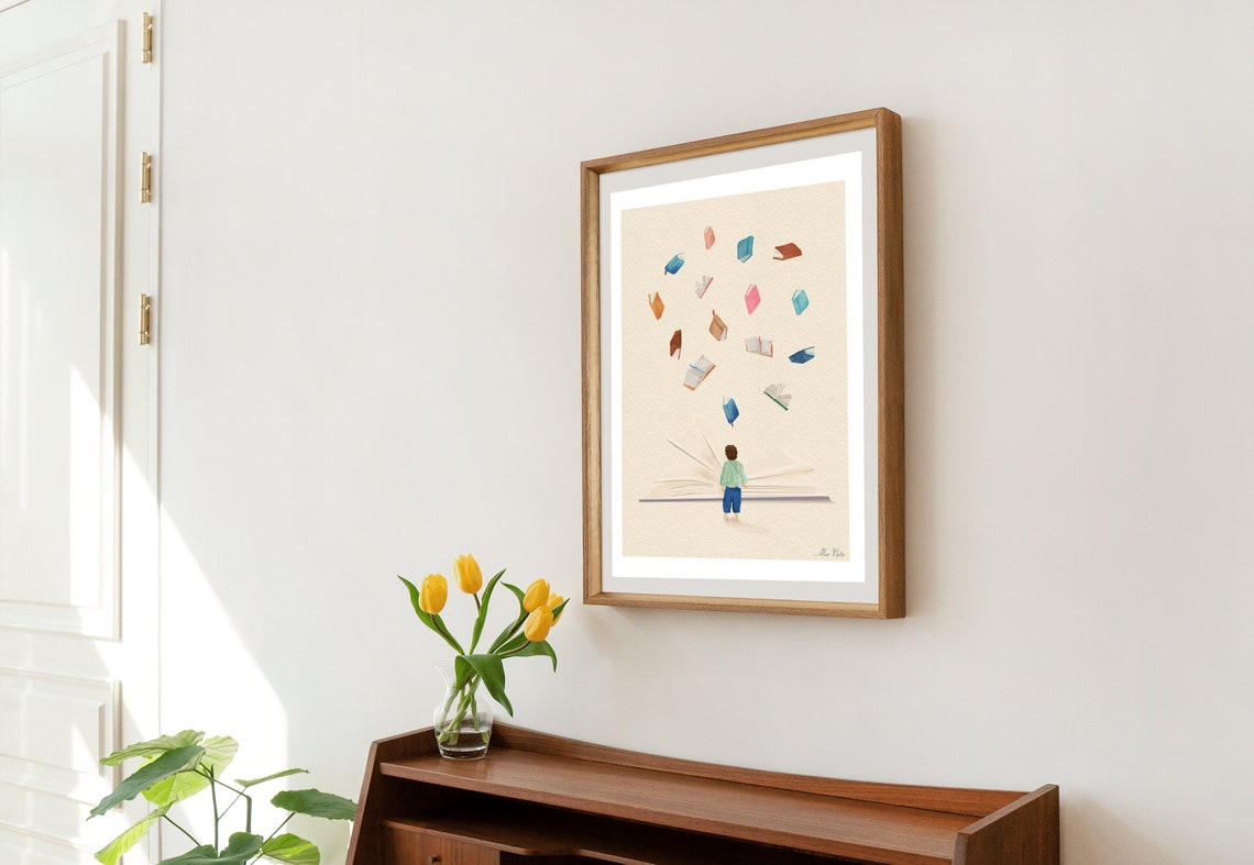 Child Reading as Colorful Books Fly From a Giant Book Poster - Image 2