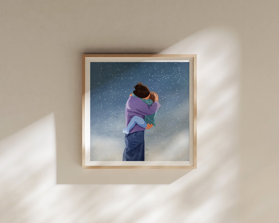 Mother Holding Her Child Close Beneath a Starry Night Sky Poster - Image 2