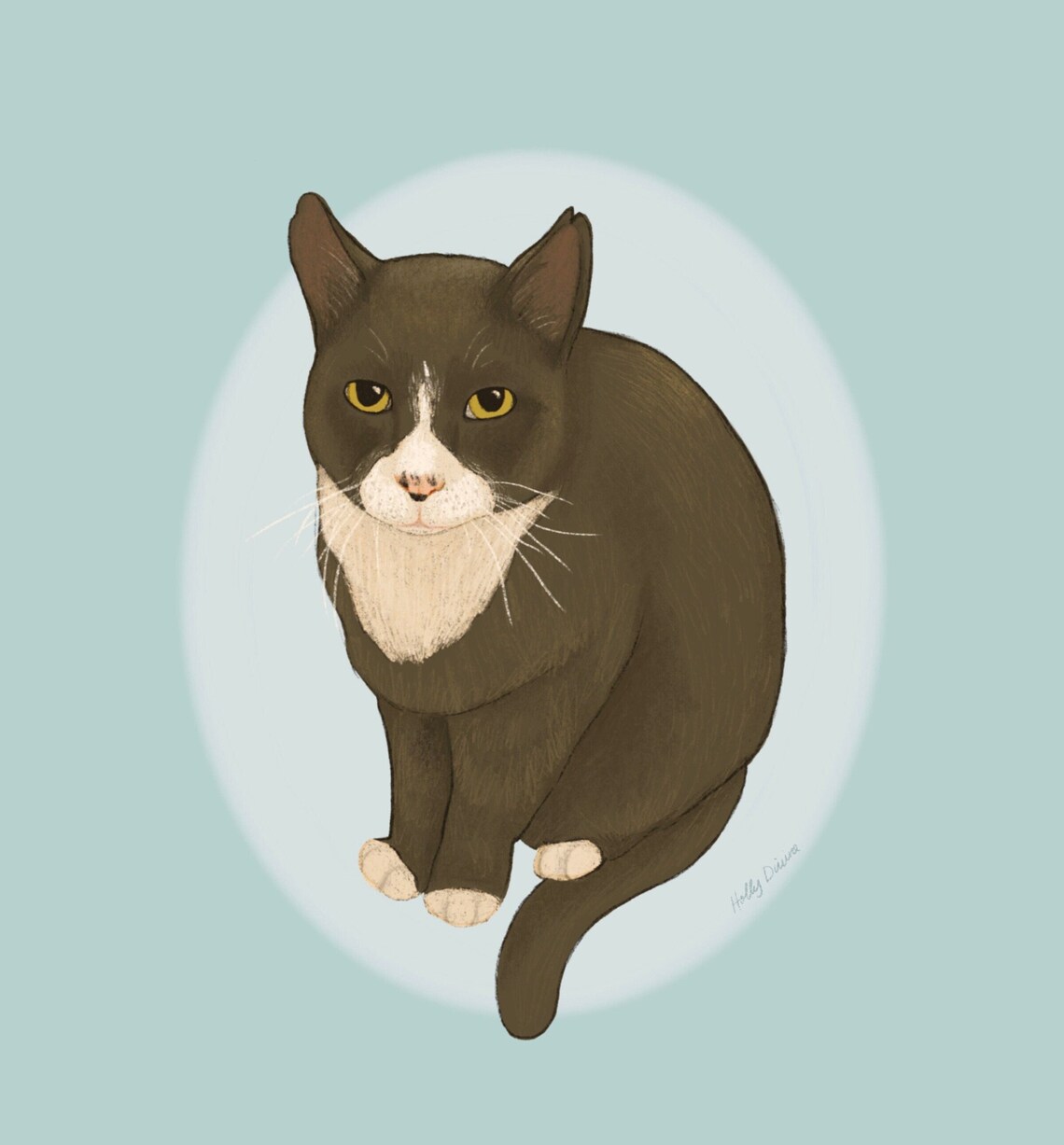 Custom Tuxedo Cat Pet Portrait Painting on Mint Background Poster