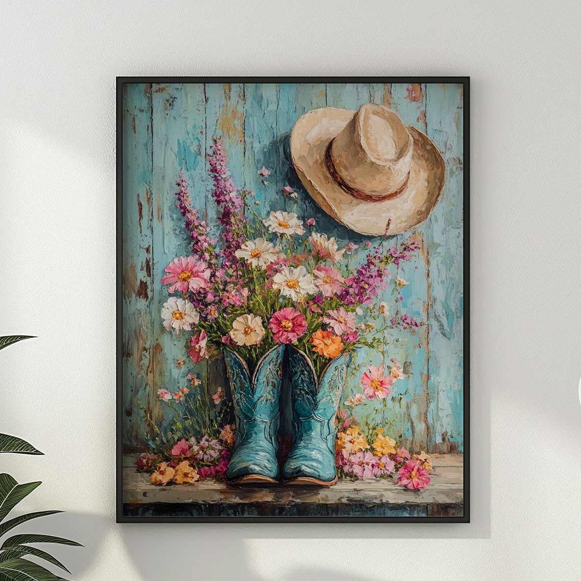 Teal Cowboy Boots With Wildflowers And Cowboy Hat Western Poster