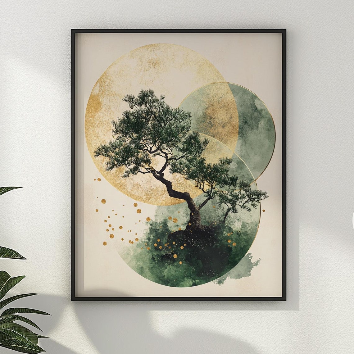 Japanese Bonsai Tree Golden Circles Modern Abstract Geometric Poster