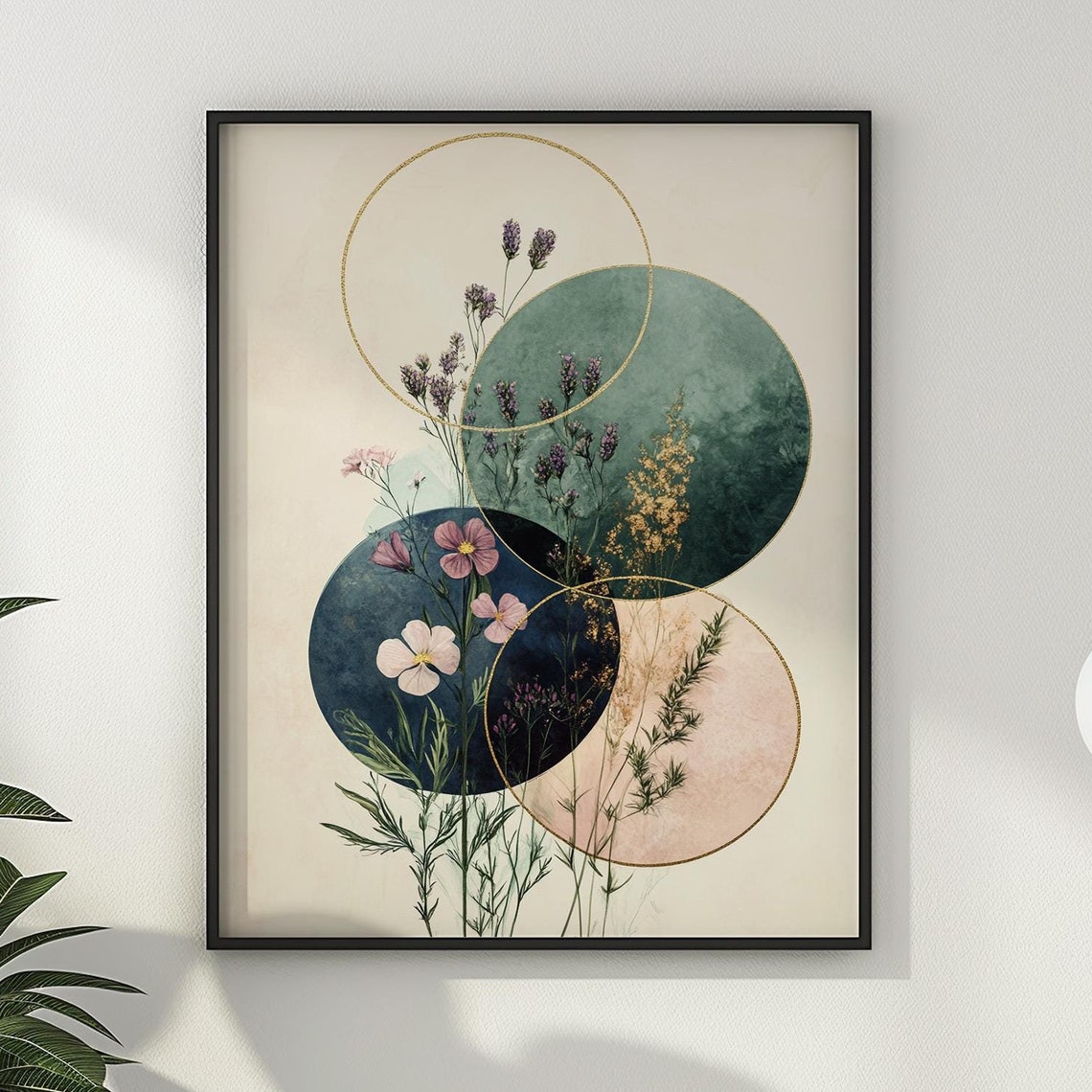 Wildflowers and Gold Ring Circles Modern Botanical Abstract Poster