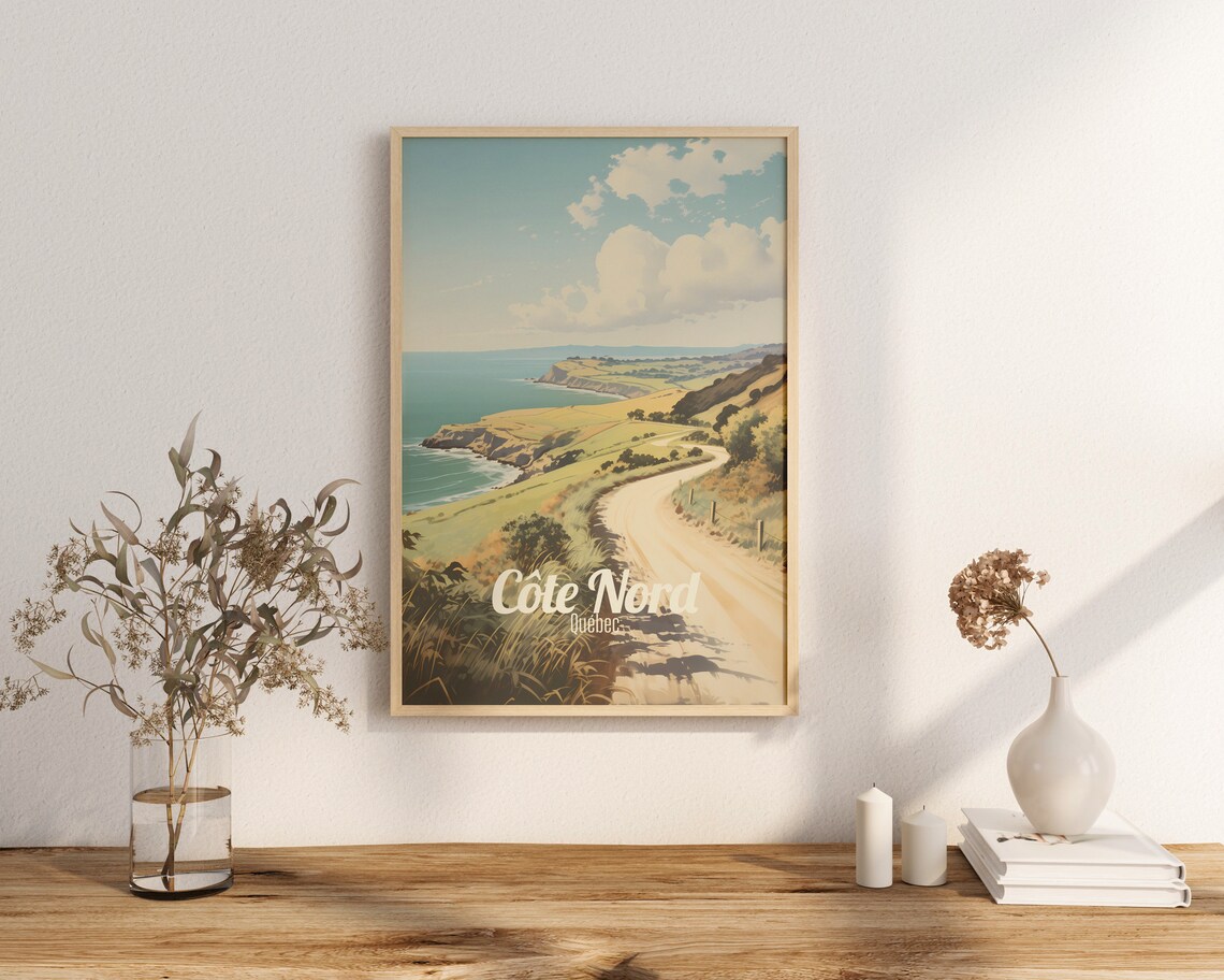 Côte Nord Québec Coastal Road Cliffs Scenic Vintage Travel Poster
