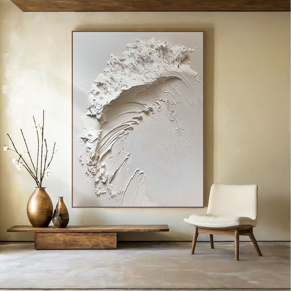 White 3D Ocean Wave Relief Sculptural Minimalist Textured Poster