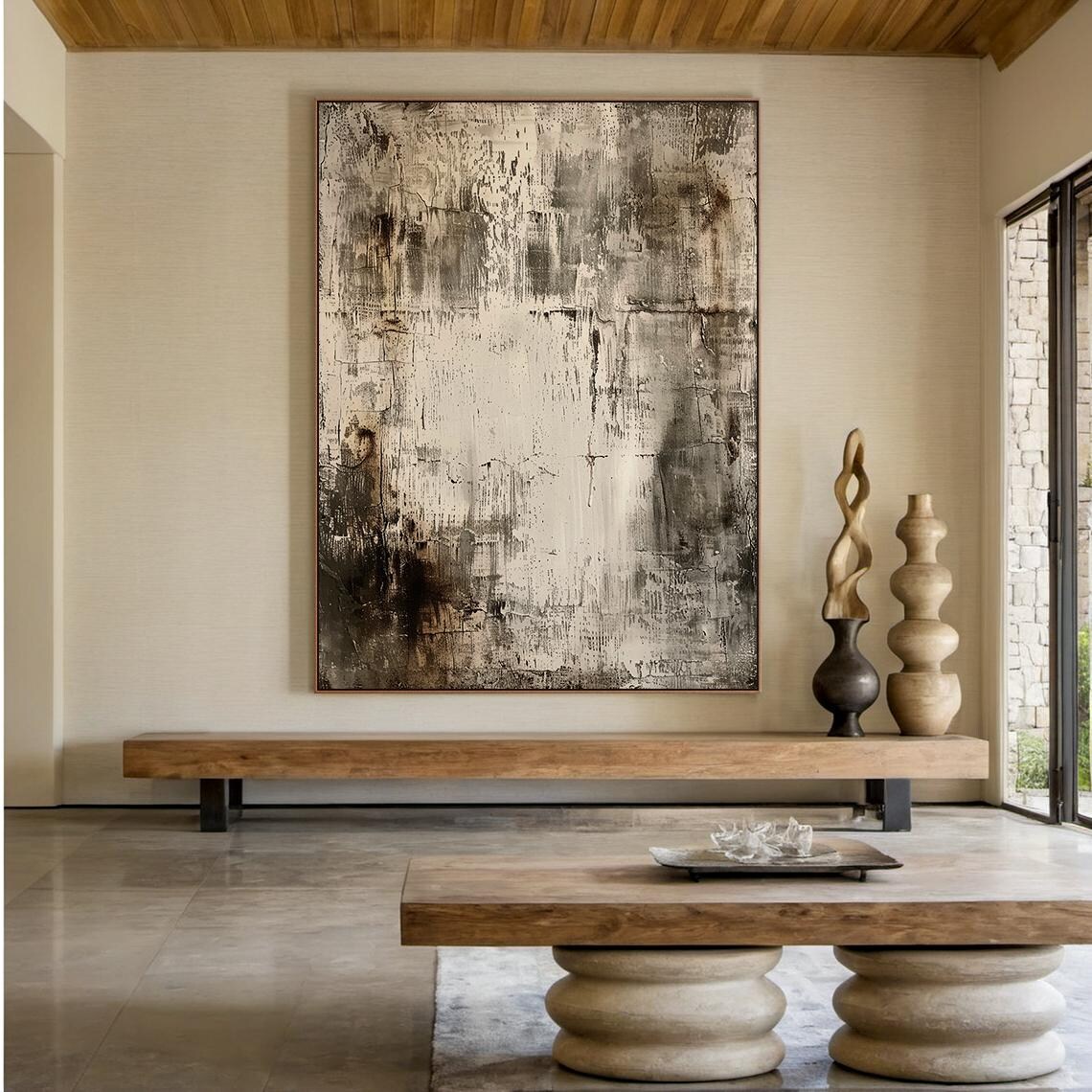 Large Gray Abstract Painting, Modern Living Room Decor